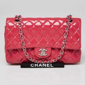 Chanel Pink Quilted Patent Leather Classic Medium Double Flap Bag